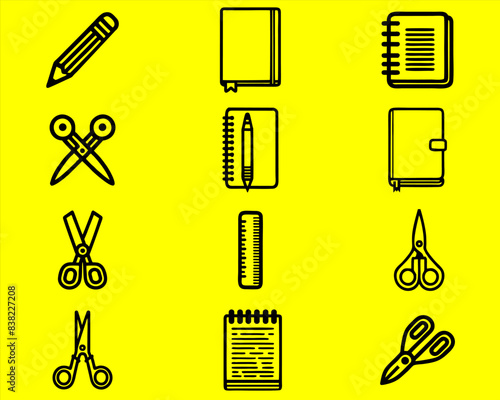 collection of various model of stationery thing icons in black.