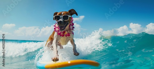 Great Dane Jack Russell surfing on a wave, on the ocean sea on summer vacation, with cool sunglasses and a flower chain.  © Анатолій Алаликін