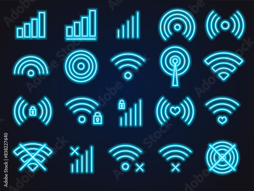 large set of wifi signal, connection, cell phone sigal, blue neon glow