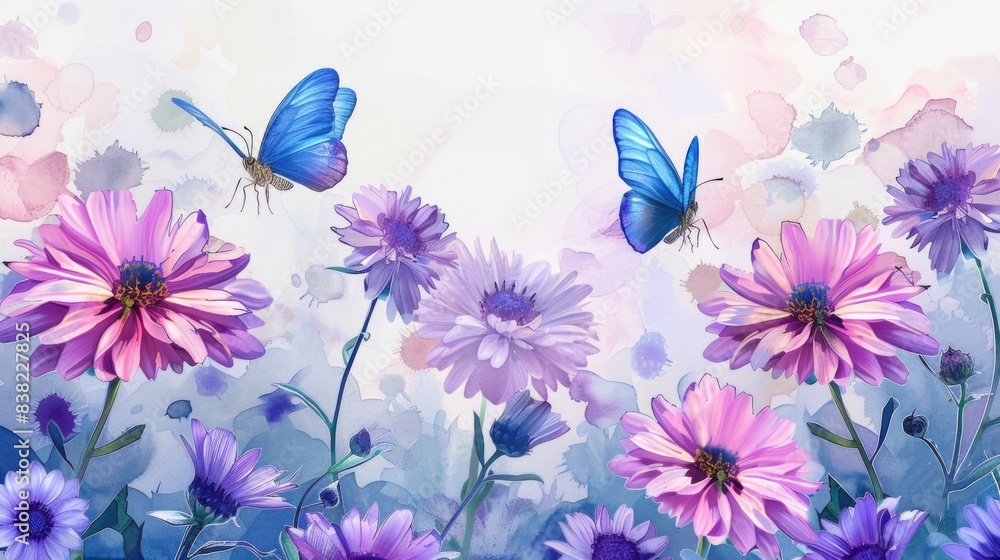 Purple and pink aster flowers and blue butterflies painted in watercolor
