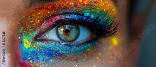 Close-up of a vibrant, colorful eye with intricate makeup and glitter, highlighting artistic creativity and stunning detail.