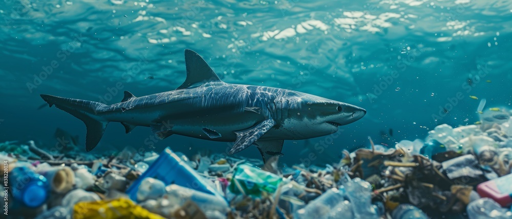 Fototapeta premium Shark swimming through a cloud of plastic waste