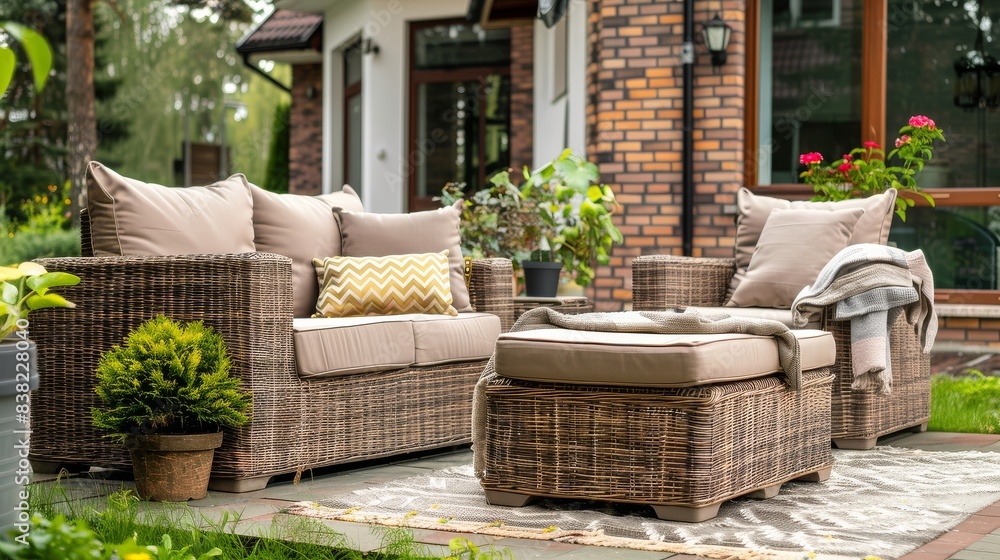 Cozy outdoor wicker sofa set with beige cushions, armchairs, and ottoman on patio with stone walls, bushes, and trees. Furniture arranged in front of brick wall with glass windows, adorned with table,