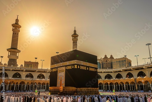 View of the Kaaba at dawn in Mecca, with a throng of Muslims encircling the structure, Generative AI.