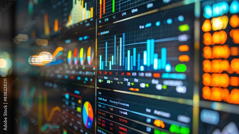 Obraz premium A photograph of a financial dashboard with various charts, graphs, and stock market data