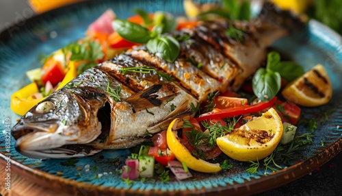 Grilled fish with colorful sides, fresh herbs, vibrant presentation