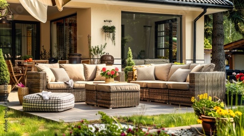 Outdoor wicker sofa set with beige cushions, ottoman, and armchairs in garden patio setting.
