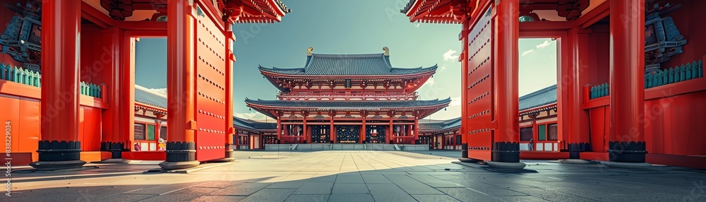Fototapeta premium Majestic red temple gate, traditional architecture, clear sky
