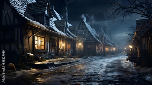 Winter night in the village. Long exposure shot. 3d rendering © Iman