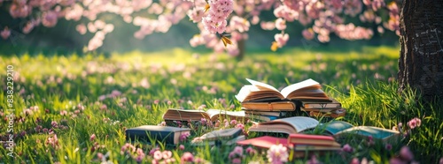 Serene outdoor reading spot under a blossoming cherry tree with scattered books on the grass generated by AI
