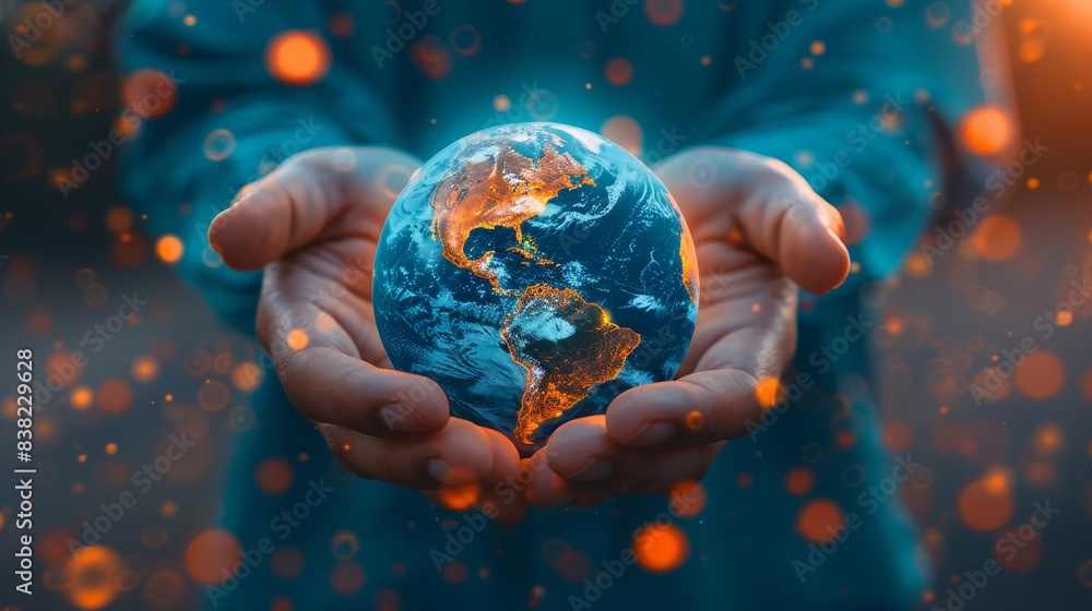Person holding a glowing Earth model with sparkling lights, reflecting global unity, environmental care, and planetary protection. Person holding a glowing Earth model with sparkling lights, reflecting global unity, environmental care, and planetary protection.