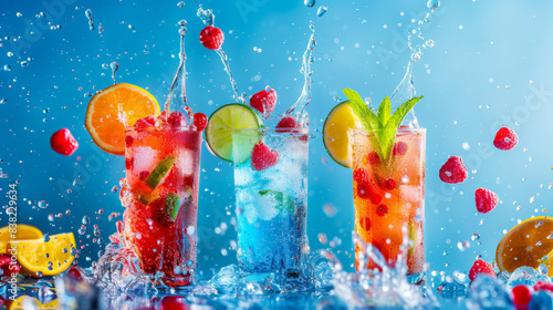 Three colorful summer drinks splashing with fruit and ice cubes, showcasing refreshment and vibrancy against a blue background.
