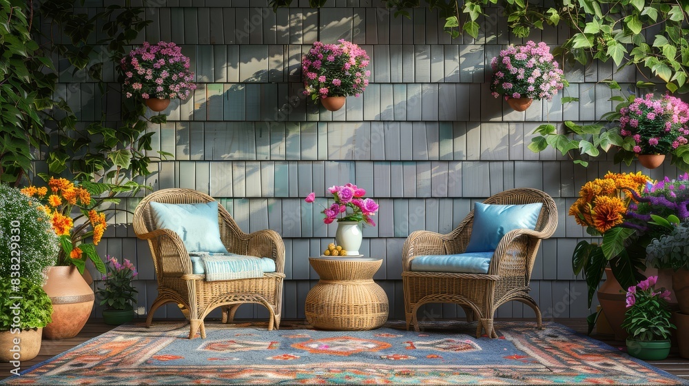 Charming outdoor patio with rattan chairs, surrounded by vibrant flowers in pots, adorned with green plants and hanging planters against a gray shingle wall. Colorful rug adds cheerful ambiance. Hyper