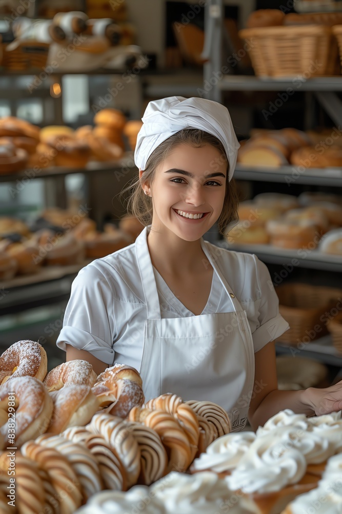 Smiling baker woman, white uniform, bakery setting, fresh pastries