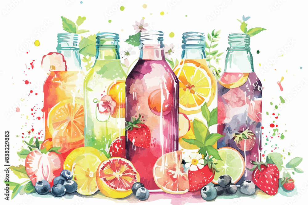 Watercolor painting fast food burger hotdog all kinds of fruit Watercolor painting fast food burger hotdog all kinds of fruit