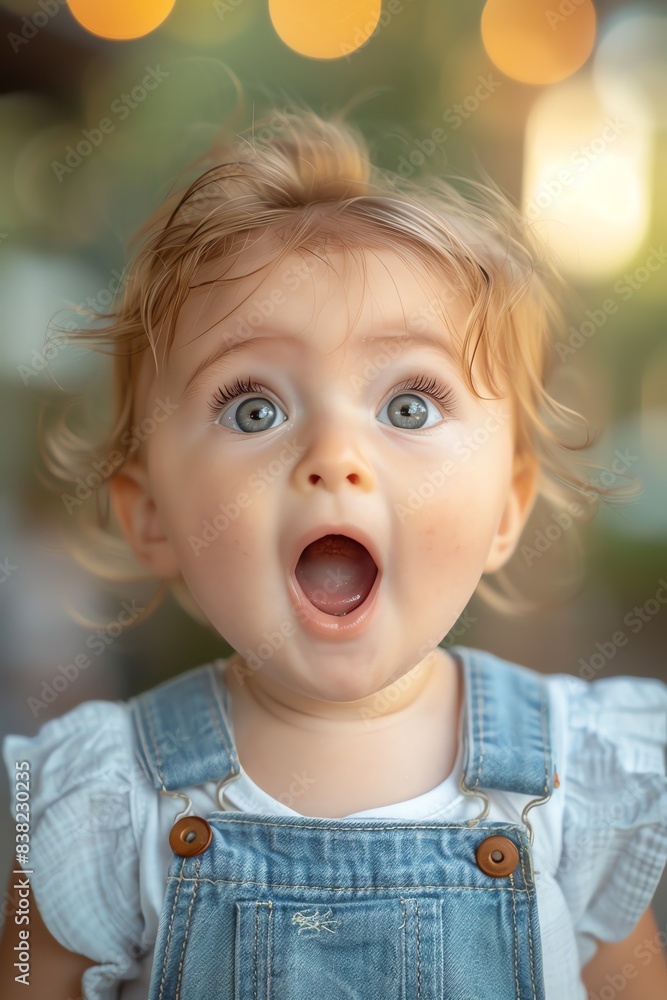 Surprised baby with wide eyes and open mouth, natural light, blurred background Surprised baby with wide eyes and open mouth, natural light, blurred background