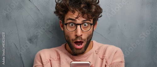 Surprised man with glasses looking at phone, wideeyed and openmouthed