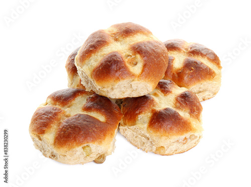 Tasty hot cross buns isolated on white