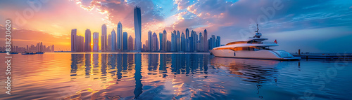 Yacht on calm water with modern city skyline at sunset  serene