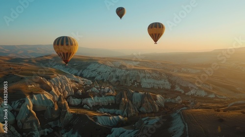 Hot Air balloons flying tour over Mountains landscape spring sunrise Cappadocia, Goreme National Park AI generated photo