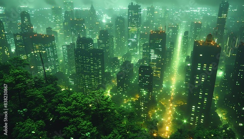 Aerial view of a city at night with green lighting and fog