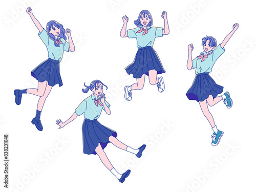 ジャンプして喜ぶアニメ調の女子学生