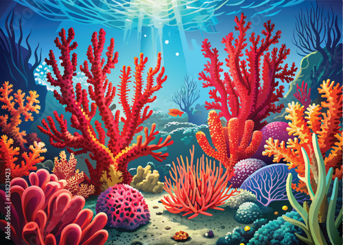 Brightly colored coral reef with sun rays shining through the water-