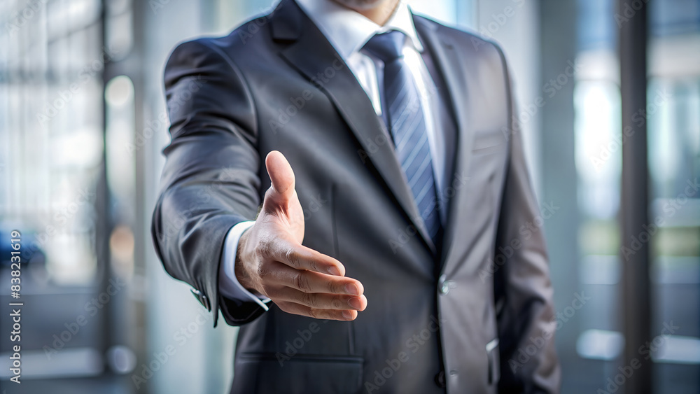 close-up of businessman with open hand out for check hand close-up of businessman with open hand out for check hand