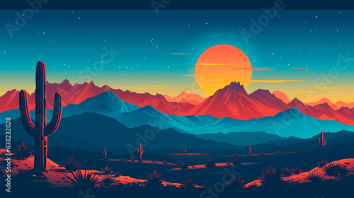 illustration of psychedelic style cactus and desert at the sunset