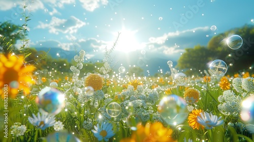 A picturesque meadow bathed in sunlight, with floating protons and electrons adding a magical, otherworldly aura to the scene, symbolizing the harmony of nature and atomic forces. shiny, Minimal and