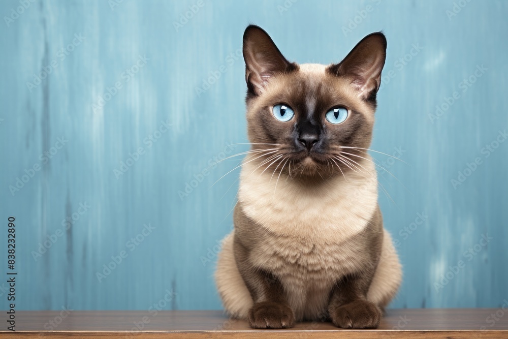 Portrait of a cute burmese cat in front of stylized simple home office background