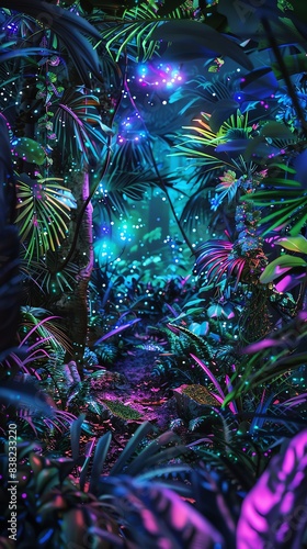 Craft an otherworldly digital landscape where metallic creatures roam through a lush jungle