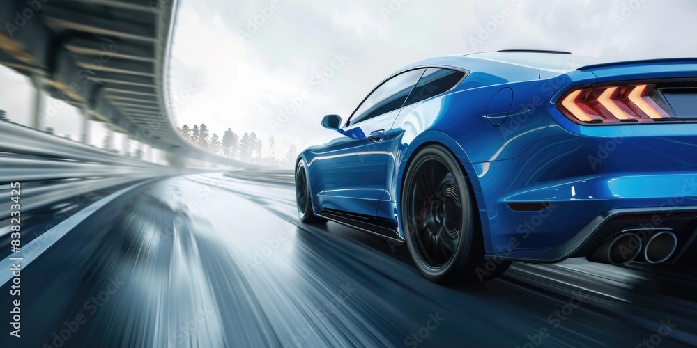 Rear view of blue Business car on high speed in turn. Blue car rushing along a high-speed highway Rear view of blue Business car on high speed in turn. Blue car rushing along a high-speed highway