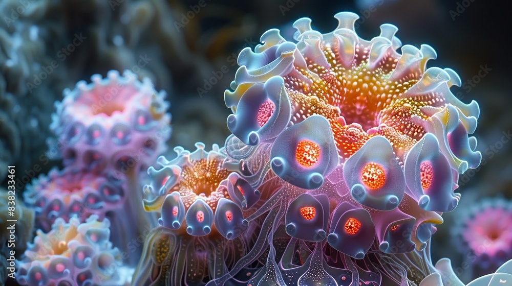 Fototapeta premium A cluster of small, colorful alien organisms resembling microscopic sea creatures, floating in a liquid environment, with complex structures and vibrant bioluminescent patterns. shiny, Minimal and