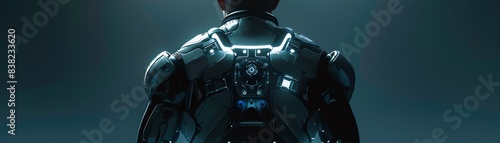 Design a sleek, futuristic exoskeleton with eerie, glowing accents, viewed from behind, using photorealistic CG techniques