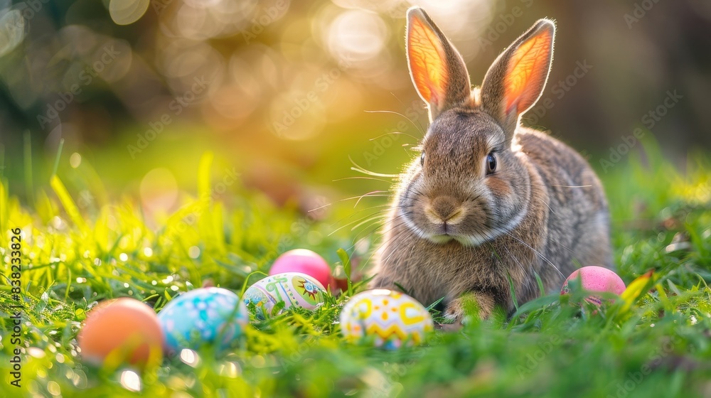 Fototapeta premium Cute rabbit sitting on grass surrounded by colorful painted Easter eggs in a sunny outdoor setting.