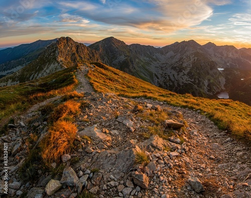 Fototapeta Naklejka Na Ścianę i Meble -  Wonderful mountains with a hiking trail on the ridge. Picturesque places in Tatra Mountains in Poland. View on mountain ridge (Volovec Wolowiec) in Western Tatras. 