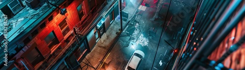 Intersect drone photography with a gritty urban setting showcasing larger-than-life 3D street art, bathed in a dramatic chiaroscuro lighting scheme photo