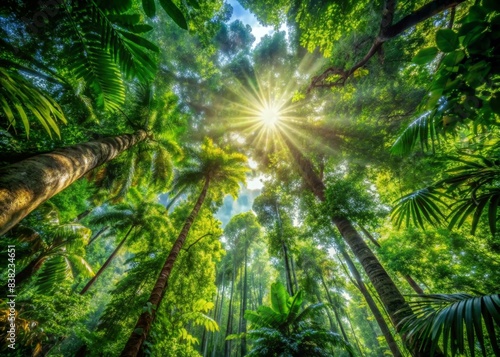 Rainforest canopy with sunlight filtering through, illustrating the richness and biodiversity of tropical forests, rainforest, canopy, sunlight, filtering, richness, biodiversity, tropical © artsakon