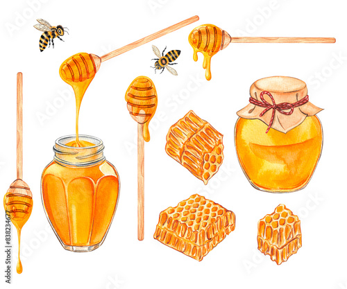 Honey collection from jars of honey, wooden sticks with dripping honey, honeycombs, bees, drops of honey, honey aroma. Watercolor illustration isolated on white background
