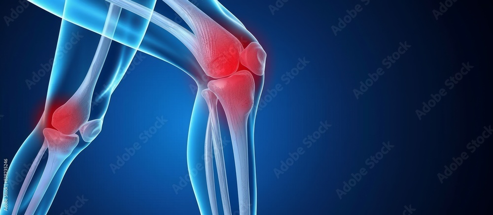 A human knee with pain highlighted in red on a blue background A human knee with pain highlighted in red on a blue background
