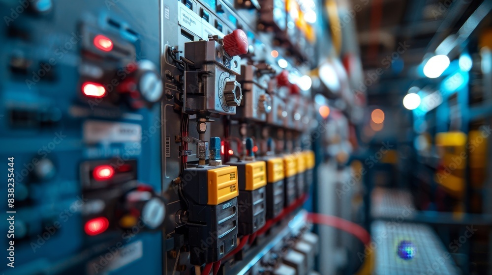 A row of electrical switches with a yellow light on the top left A row of electrical switches with a yellow light on the top left