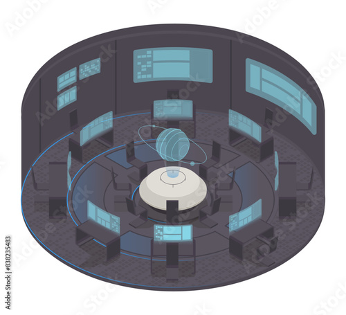 Vector isometric low poly minimalistic tech interior with various furniture. Modern vector illustration. Futuristic round innovative room concept.