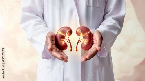 A close up of doctor hands holding a human paired kidney with a glowing icon on a white background