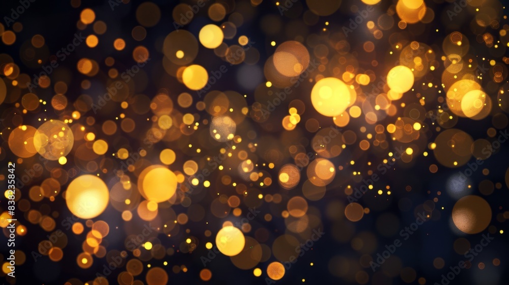 Golden bokeh lights shimmering against a dark background, creating a warm and festive atmosphere with varying sizes of glowing orbs scattered throughout the scene. Golden bokeh lights shimmering against a dark background, creating a warm and festive atmosphere with varying sizes of glowing orbs scattered throughout the scene.
