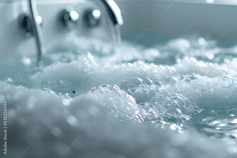 A bathtub is filled with water with foam. A bathtub is filled with water with foam.