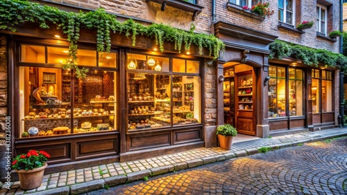 Charming European chocolate shop on a quaint cobblestone street , European, chocolate shop, quaint, cobblestone, street, charming, travel, brochure, poster, greeting cards, sweet, delicious © artsakon