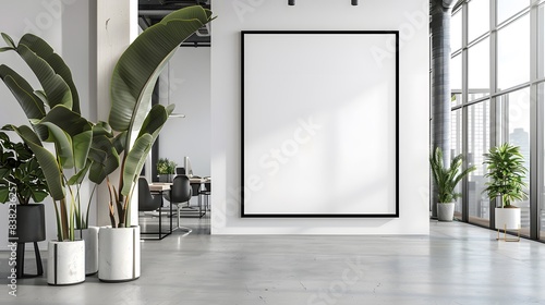 Mockup canvas frame on grey wall in living room with yellow chairs, white table and grey sofa on background. Large windows in big hall with yellow curtains and parquet floor, 3D rendering no people photo