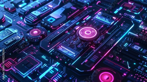 Futuristic neon-lit computer motherboard with circuits and components glowing in vibrant blue and pink, representing advanced technology.