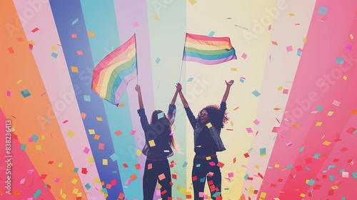 Wallpaper Mural Happy pride concept image, two girls holding the rainbow flag and celebrating together Torontodigital.ca